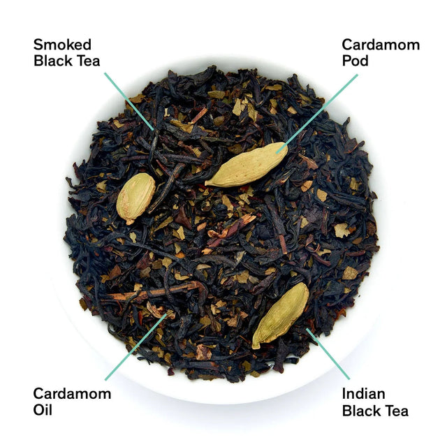 Da LBI Tea Civil Disobedience smoky cardamom black tea, loose leaves with ingredients labeled