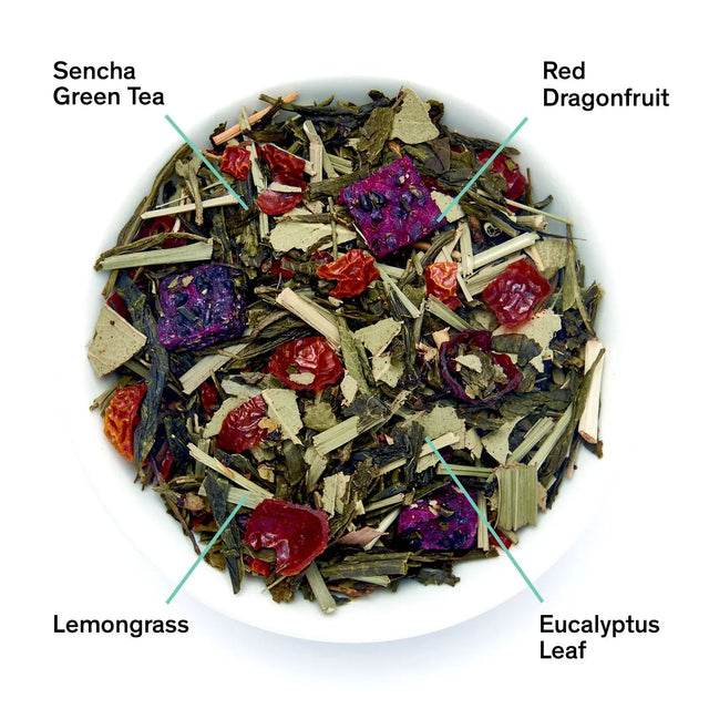 Da LBI Tea Tropic of Capricorn dragonfruit melon green tea, loose leaves with ingredients labeled