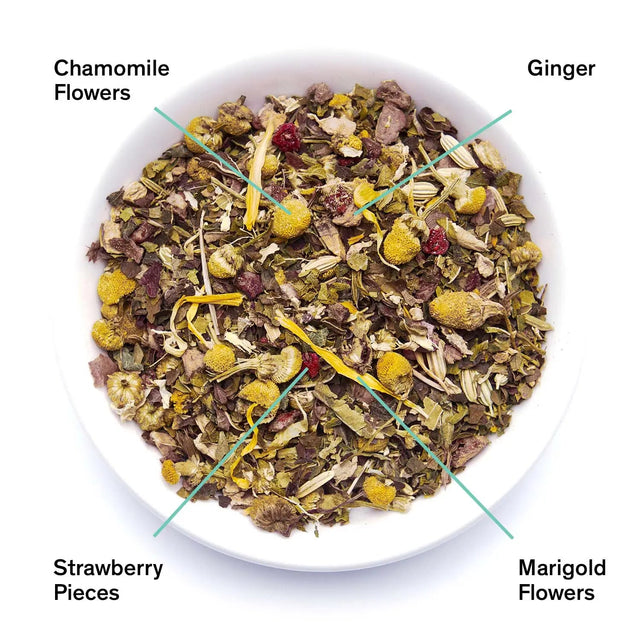 Nightfall chamomile ginger herbal tea by Da LBI Tea, loose leaves with ingredients labeled