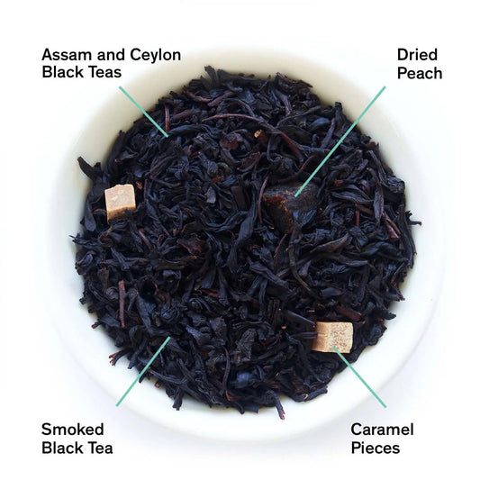 Da LBI Tea Southern Gothic peach bourbon black tea, loose leaves with ingredients labeled