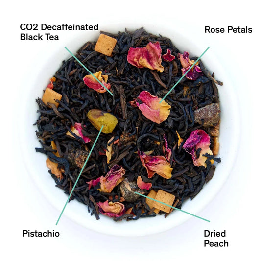 Da LBI Tea Decaf Dark Iris peach pistachio black tea, loose leaves with ingredients labeled