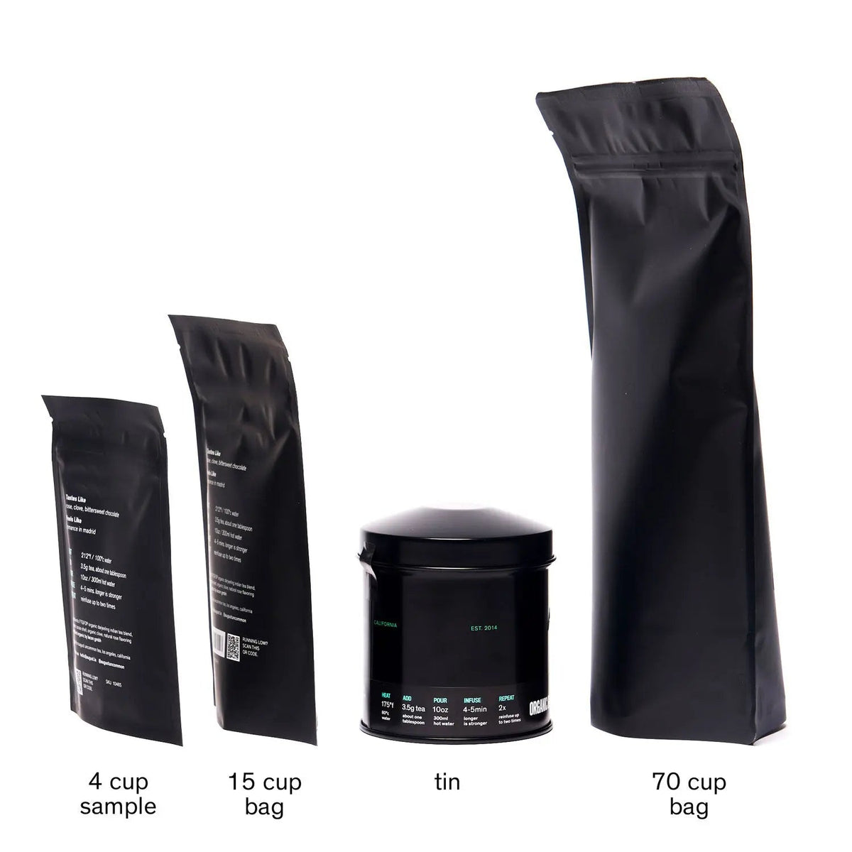 Da LBI Tea Passage hazelnut chocolate black tea, pouch and tin sizes side by side