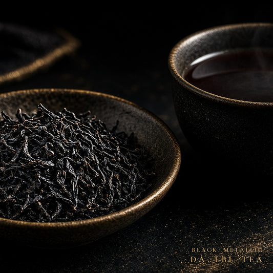 Da LBI Tea Black Metallic violet elderberry black tea, product shot with packaging