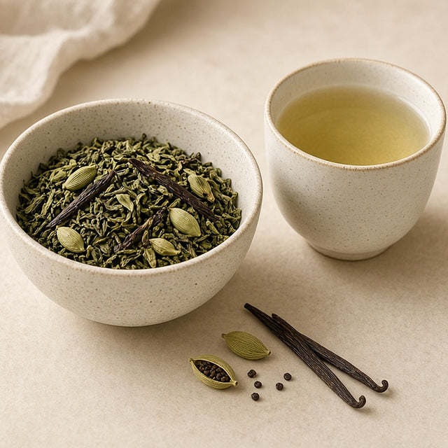 Da LBI Tea Combray vanilla cardamom green tea, loose leaf tea in a bowl with cardamom pods and vanilla beans beside a cup of tea