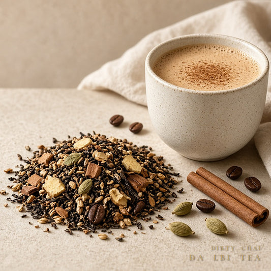 Da LBI Tea Dirty Chai spiced black tea with coffee, loose leaf tea with coffee beans, cinnamon and cardamom beside a frothy chai latte