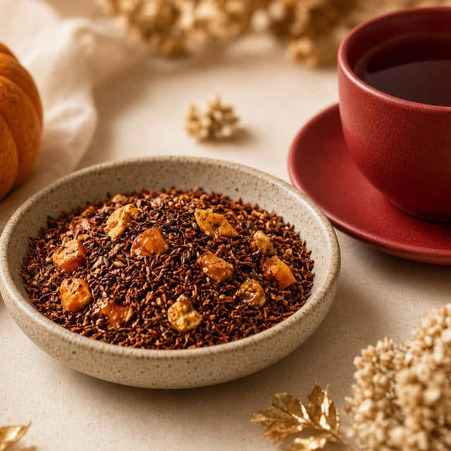 Da LBI Tea Psychocandy pumpkin caramel rooibos, loose leaf tea in a bowl beside a cup of tea and a small pumpkin