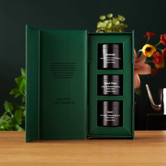 Da LBI Rare Leaves mini tin sampler of three single-origin teas, gift box opened to show the tin