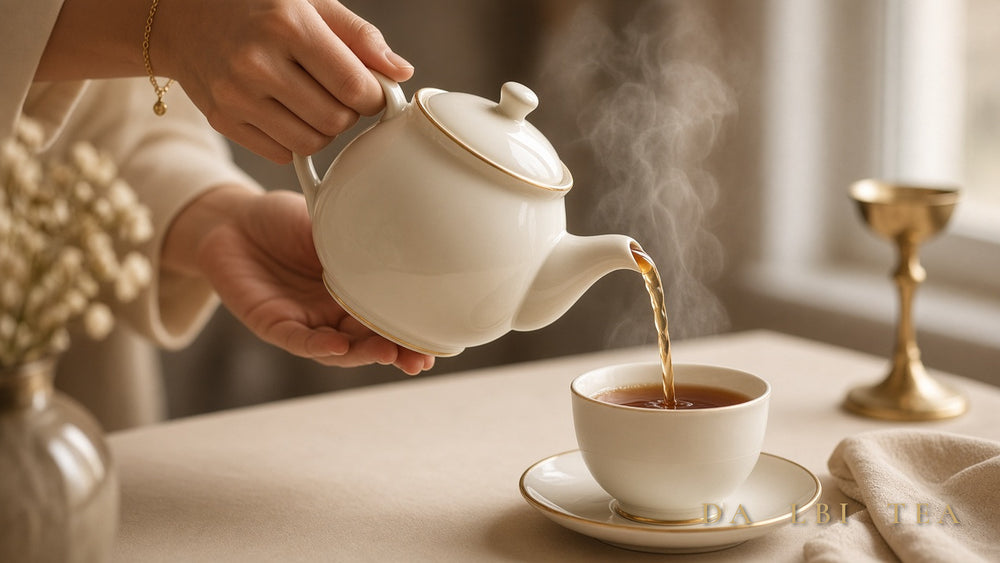Pouring hot tea from a white teapot into a cup on a sunlit table