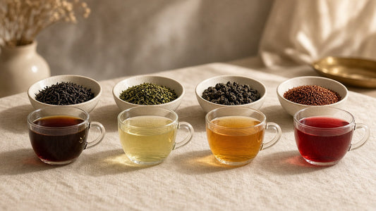 Black tea, green tea, oolong and rooibos loose leaf tea side by side with brewed cups, Da LBI Tea