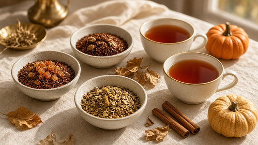 Caffeine-free loose leaf rooibos and herbal tea blends in bowls with cups of rooibos tea and fall pumpkins, Da LBI Tea