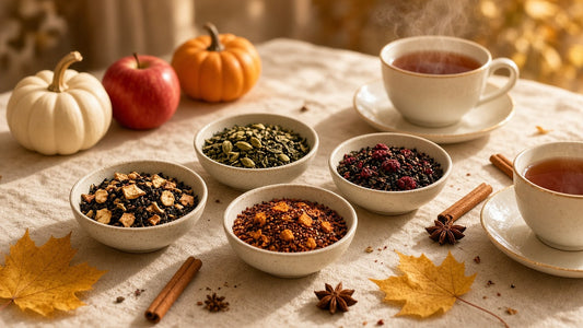 Cozy fall and Halloween loose leaf teas with apple, pumpkin and spice, cups of hot tea and autumn leaves, Da LBI Tea