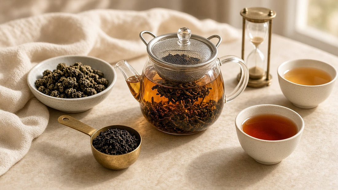 Brewing loose leaf tea in a glass teapot with infuser, measuring scoop, oolong leaves and steep timer, Da LBI Tea