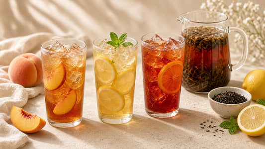 Peach, lemon and orange iced tea glasses with a cold brew loose leaf tea pitcher, Da LBI Tea