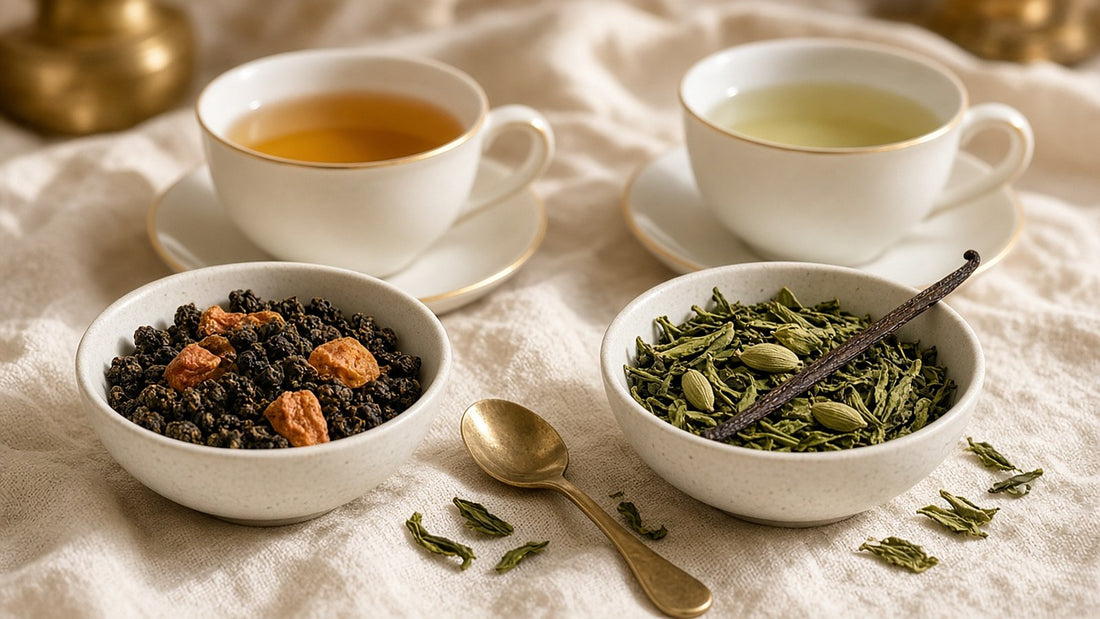 Oolong tea vs green tea loose leaf bowls with brewed amber oolong and green tea cups, Da LBI Tea