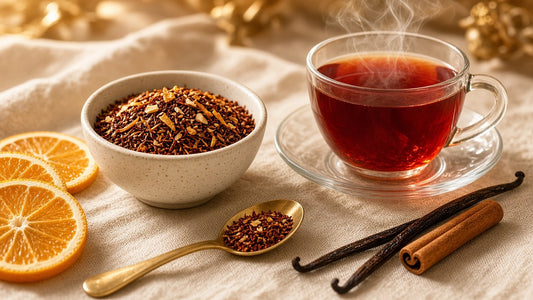 Loose leaf rooibos tea with orange peel beside a glass cup of brewed red rooibos tea, Da LBI Tea