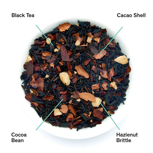 Da LBI Tea Passage hazelnut chocolate black tea, loose leaves with ingredients labeled