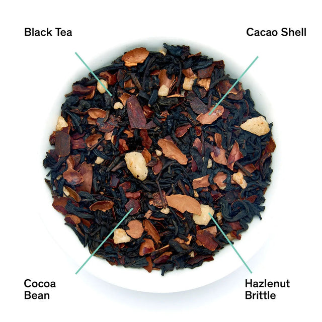 Da LBI Tea Passage hazelnut chocolate black tea, loose leaves with ingredients labeled
