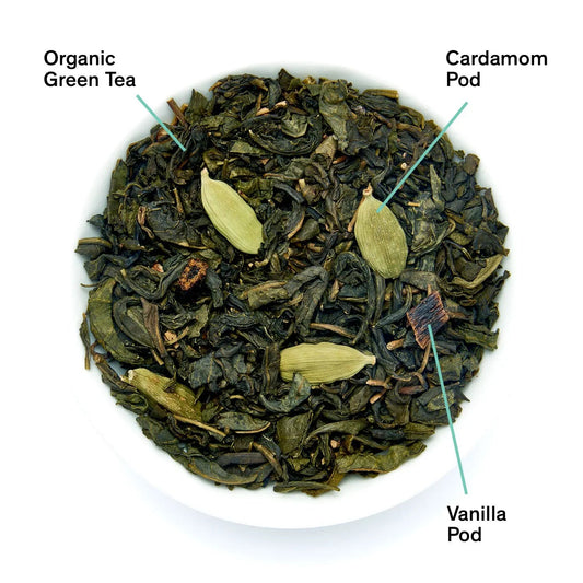 Da LBI Tea Combray vanilla cardamom green tea, loose leaves with ingredients labeled