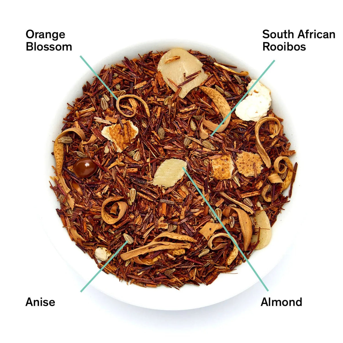 Da LBI Tea Biarritz orange amaretto rooibos tea, loose leaves with ingredients labeled