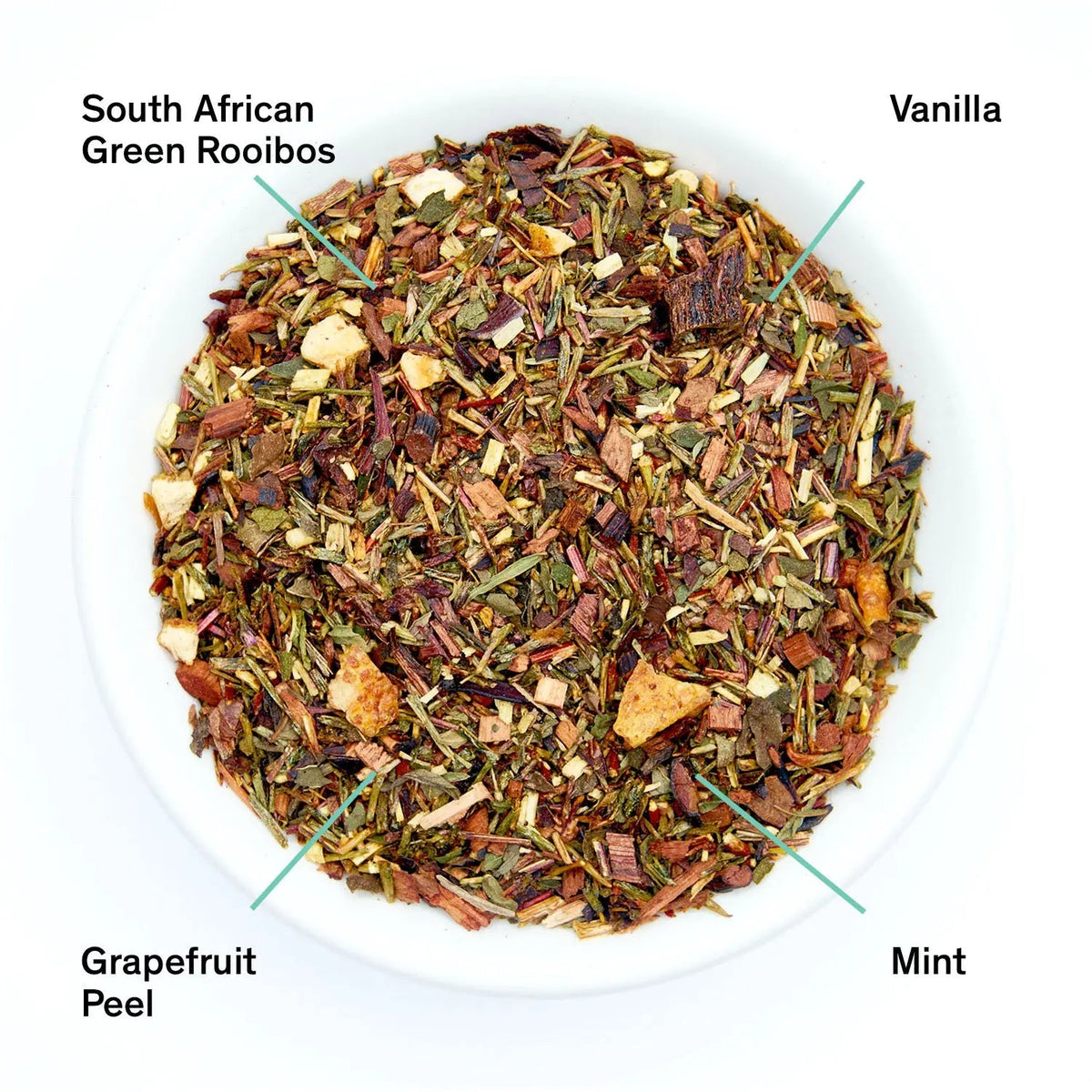 Da LBI Tea Cocteau vanilla grapefruit mint rooibos tea, loose leaves with ingredients labeled