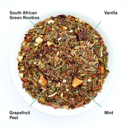 Da LBI Tea Cocteau vanilla grapefruit mint rooibos tea, loose leaves with ingredients labeled