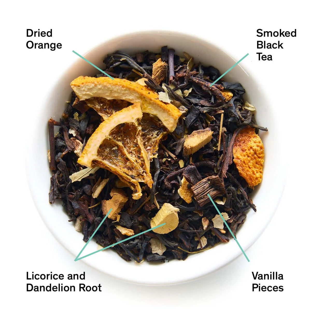 Da LBI Tea Mood Indigo smoky orange vanilla black tea, loose leaves with ingredients labeled