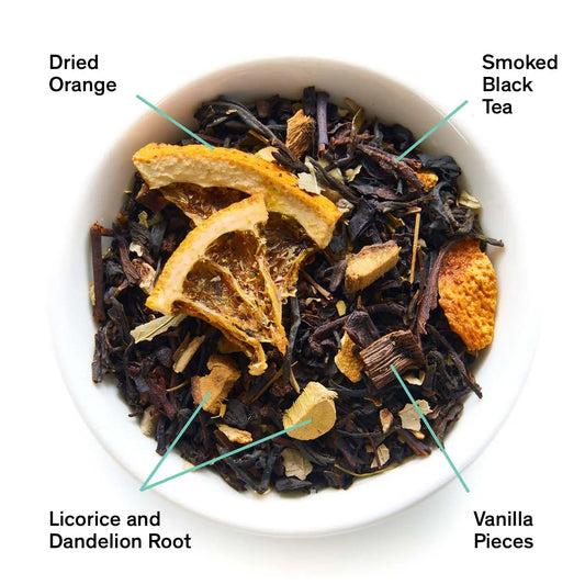 Da LBI Tea Mood Indigo smoky orange vanilla black tea, loose leaves with ingredients labeled