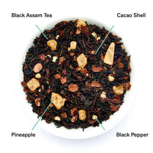 Da LBI Tea Silencio spicy pineapple black tea, loose leaves with ingredients labeled