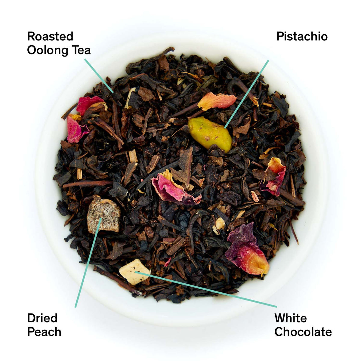 Da LBI Tea Dark Iris peach pistachio oolong tea, loose leaves with ingredients labeled