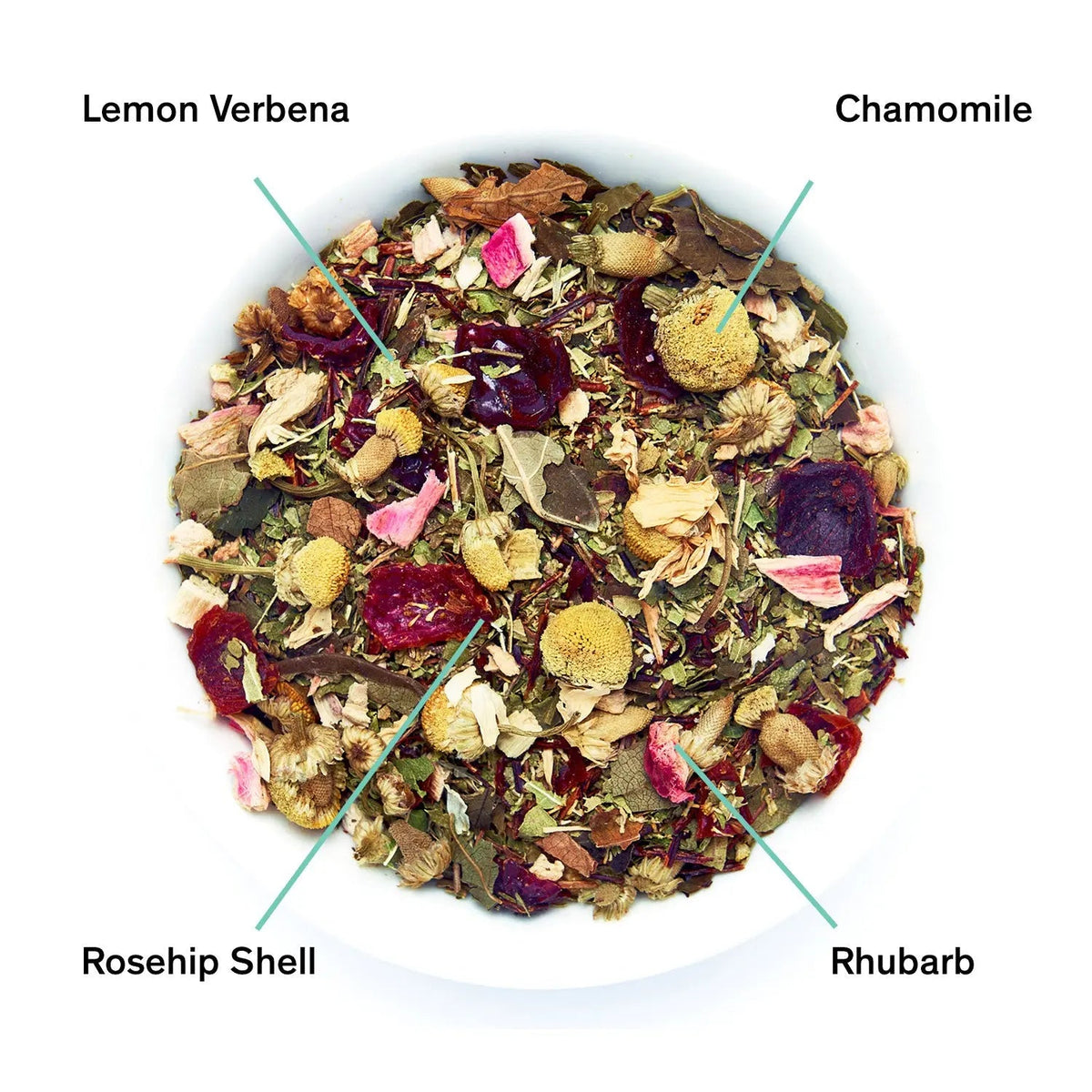 Da LBI Tea Days of Heaven rhubarb verbena chamomile tea, loose leaves with ingredients labeled