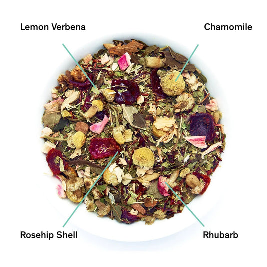 Da LBI Tea Days of Heaven rhubarb verbena chamomile tea, loose leaves with ingredients labeled