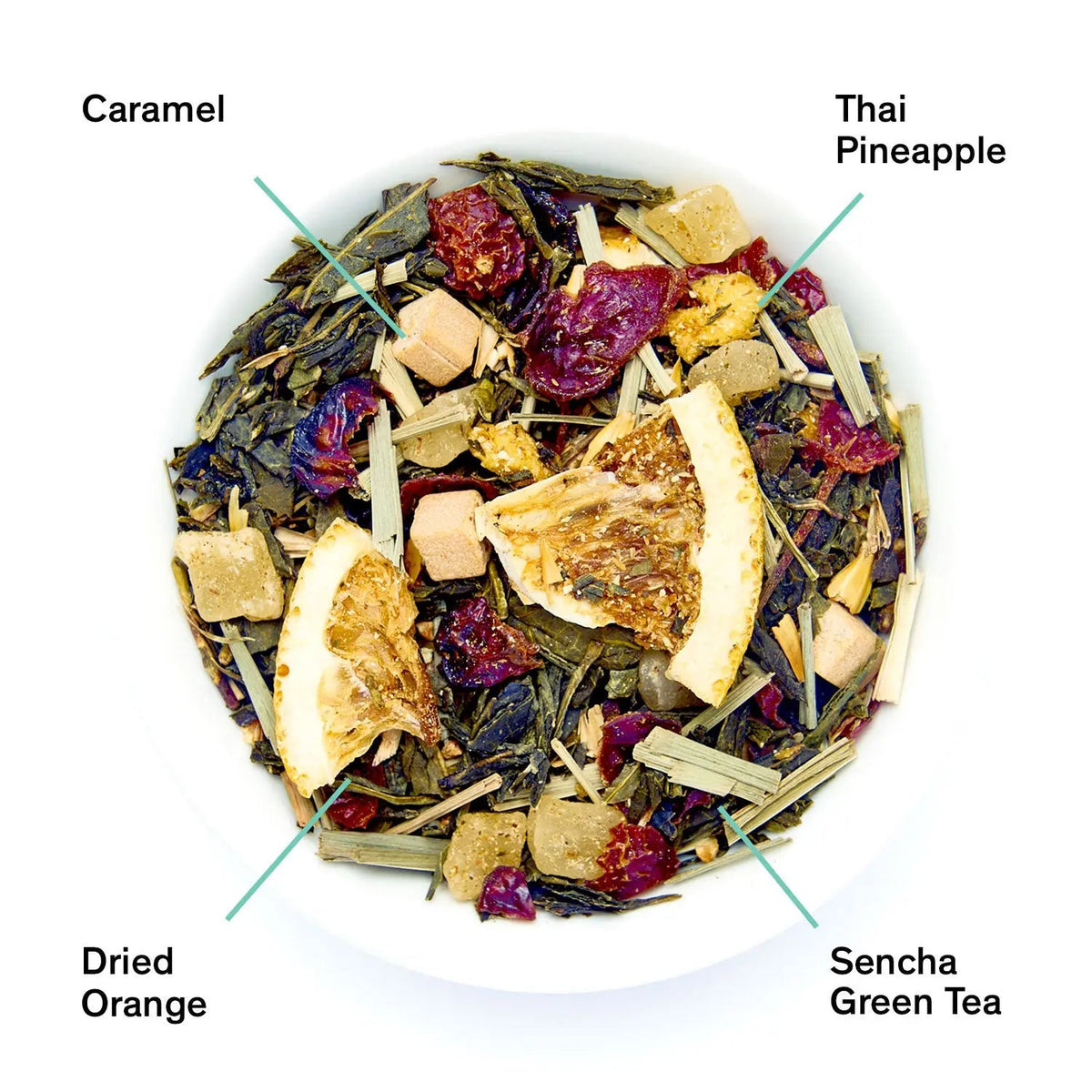 Da LBI Tea Big Easy pineapple caramel green tea, loose leaves with ingredients labeled