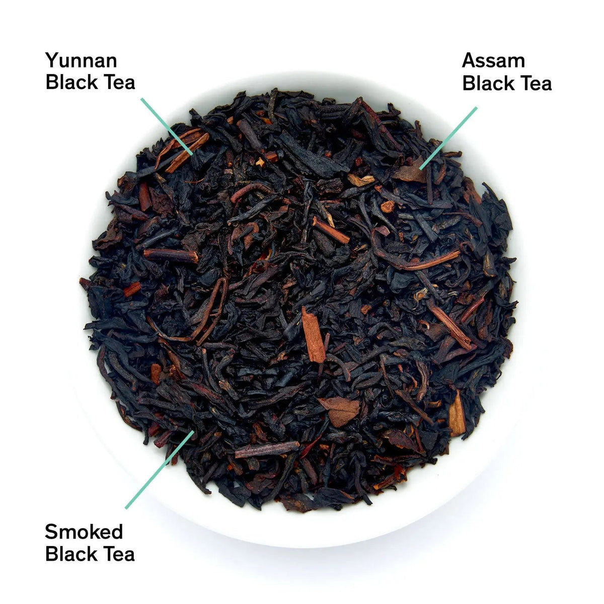Da LBI Tea Golden Arrow smoky toffee black tea, loose leaves with ingredients labeled
