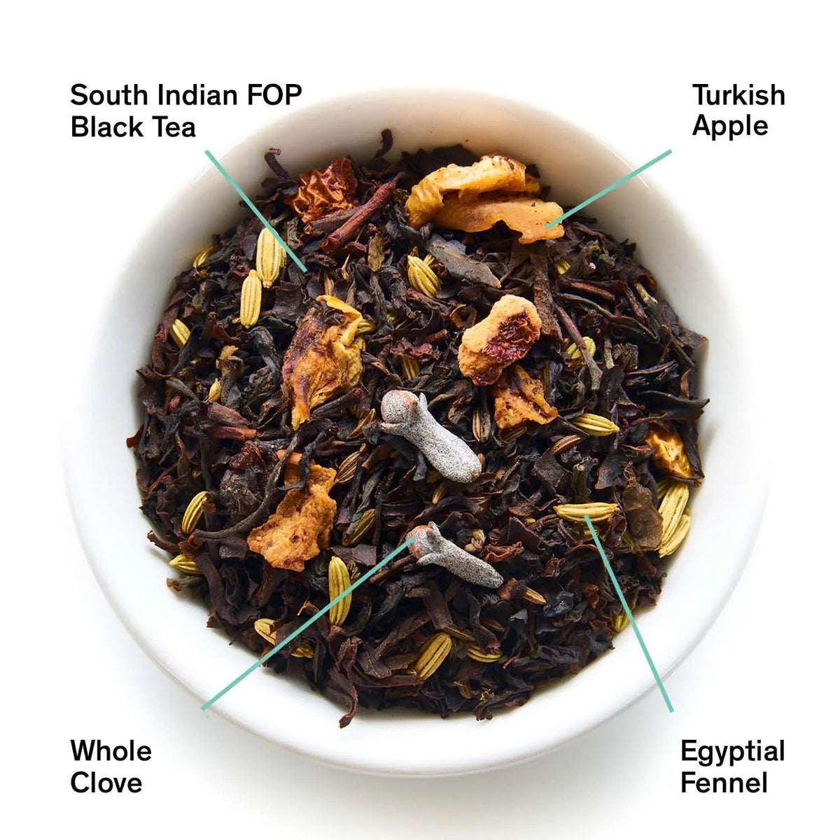 Da LBI Tea Mackintosh crisp apple black tea, loose leaves with ingredients labeled