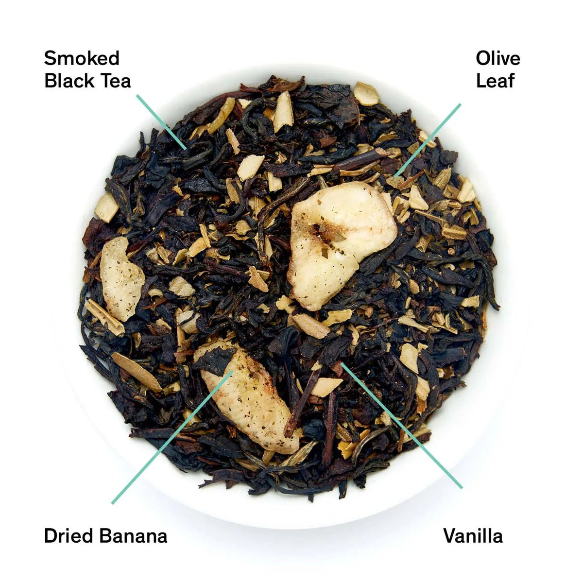 Da LBI Tea The Black Lodge smoky banana black tea, loose leaves with ingredients labeled