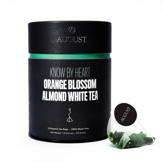 Da LBI Tea Know By Heart orange blossom almond white tea, pyramid tea bags with resealable pouch