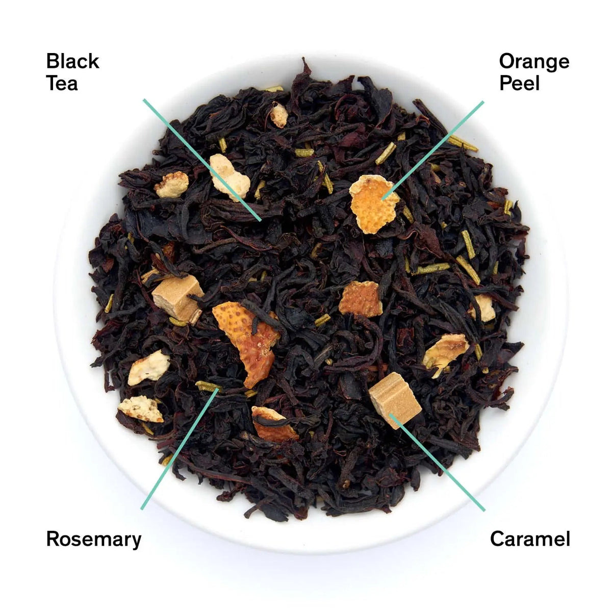 Da LBI Tea Gold Rush orange rosemary caramel black tea, loose leaves with ingredients labeled