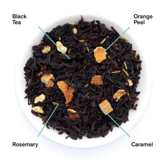 Da LBI Tea Gold Rush orange rosemary caramel black tea, loose leaves with ingredients labeled