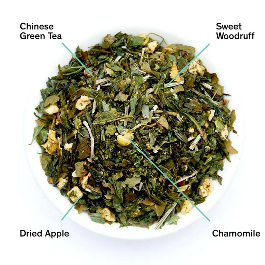 Da LBI Tea Neon Forest apple chamomile green tea, loose leaves with ingredients labeled