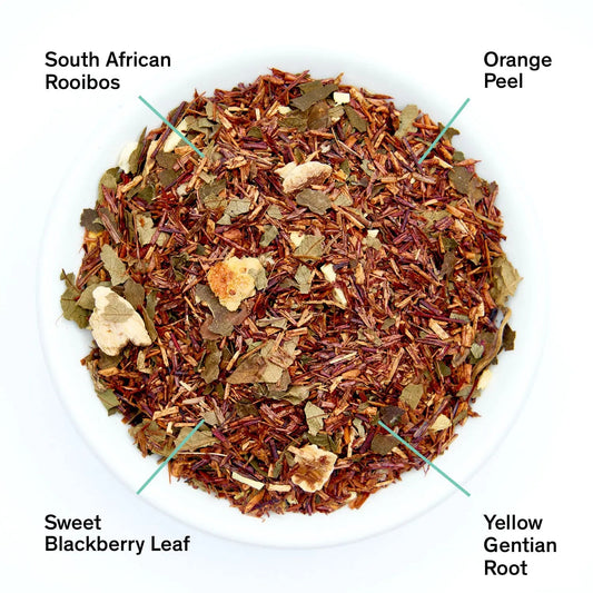 Da LBI Tea Negroni bittersweet orange rooibos tea, loose leaves with ingredients labeled