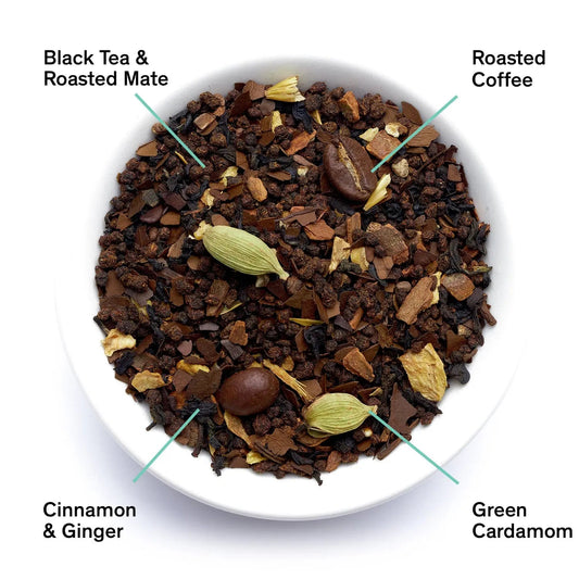 Da LBI Tea Dirty Chai spicy black tea with coffee, loose leaves with ingredients labeled