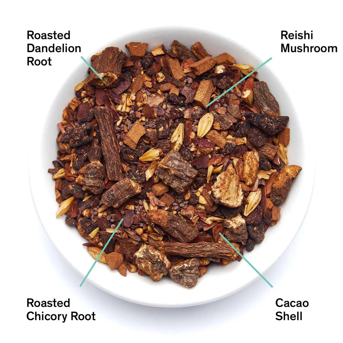 Da LBI Tea Daybreak sweet roasted coffee alternative, loose leaves with ingredients labeled