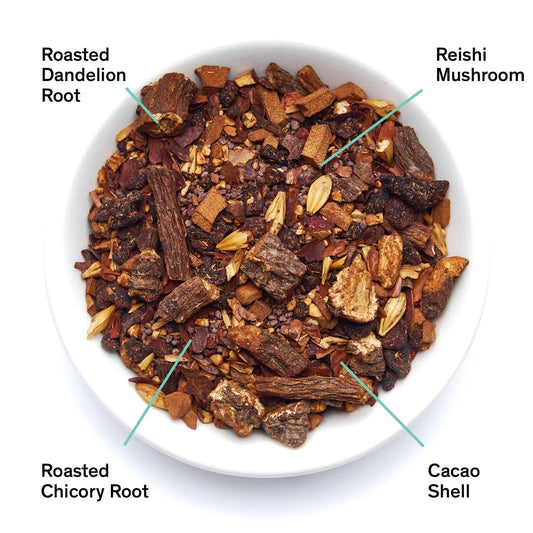 Da LBI Tea Daybreak sweet roasted coffee alternative, loose leaves with ingredients labeled
