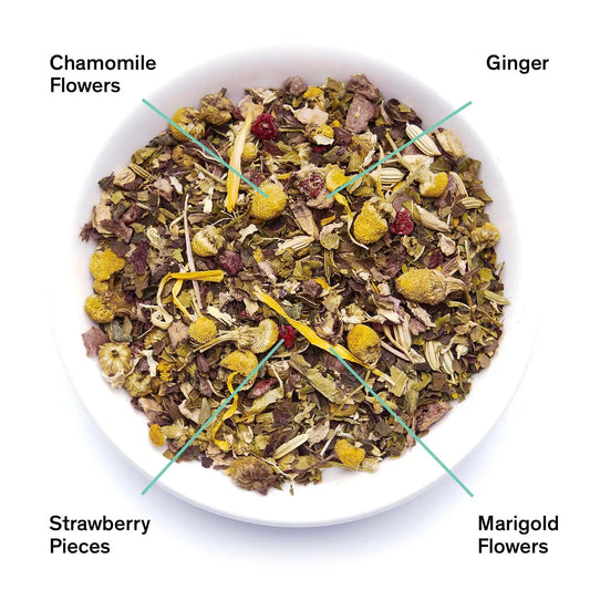 Nightfall chamomile ginger herbal tea by Da LBI Tea, loose leaves with ingredients labeled