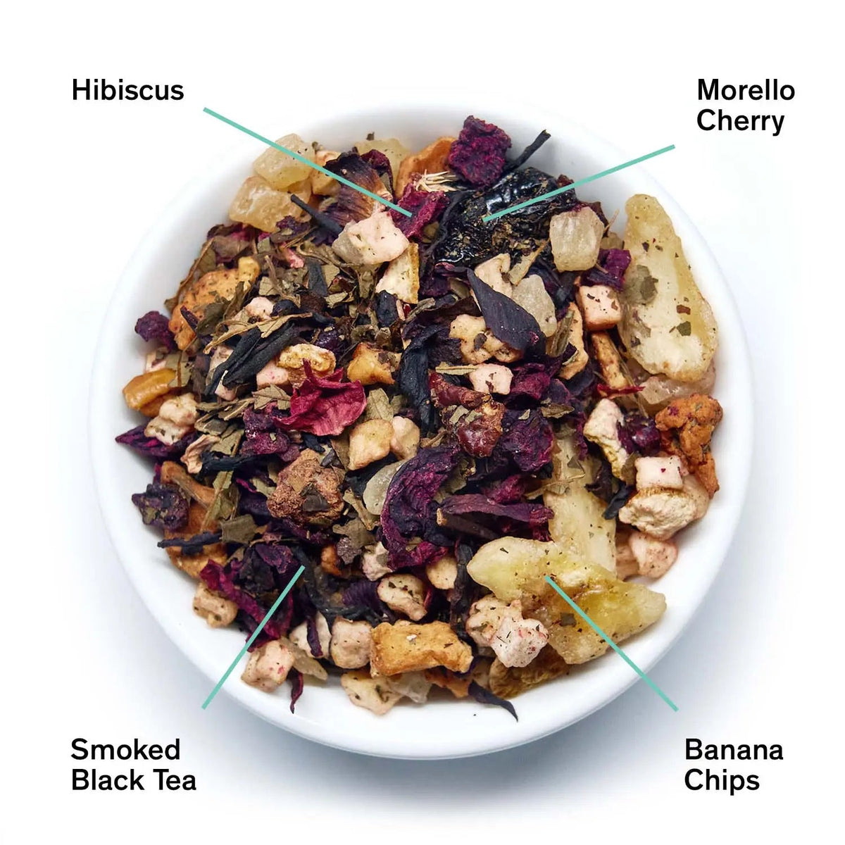 Da LBI Tea Mojave smoky hibiscus cherry tea, loose leaves with ingredients labeled