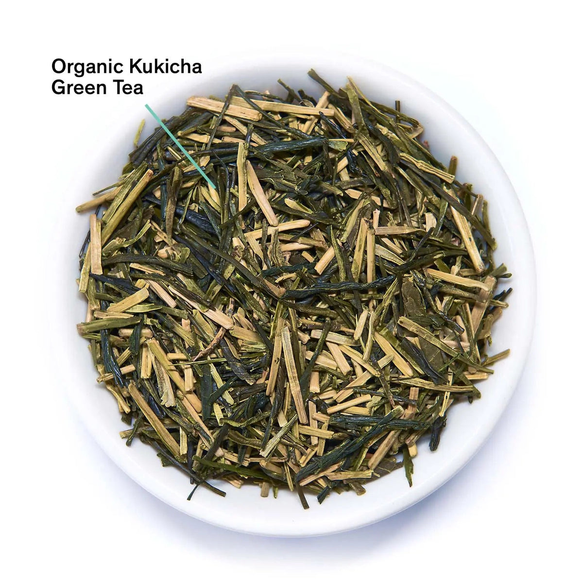 Da LBI Tea Essentials Bright Green Green Tea, loose leaves with ingredients labeled