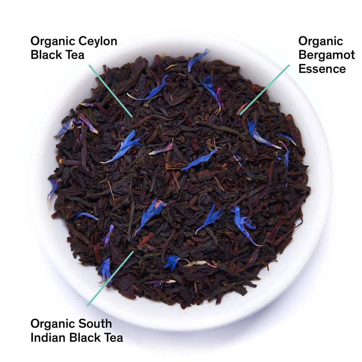 Da LBI Tea Essentials Earl Grey Black Tea, loose leaves with ingredients labeled