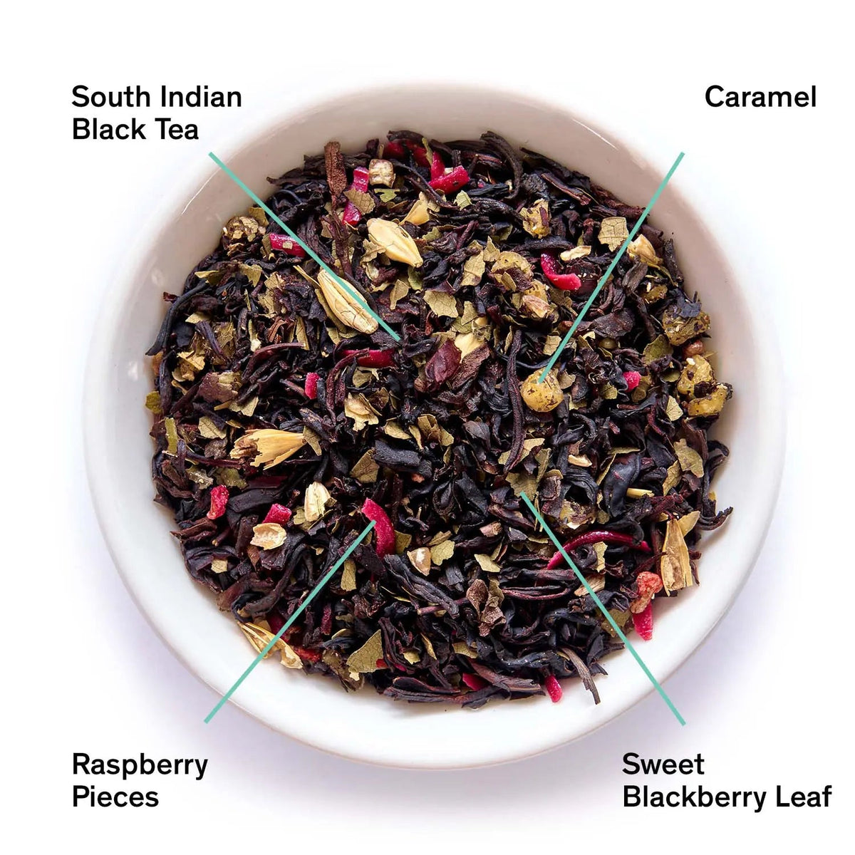 Da LBI Tea Razzmatazz raspberry burnt sugar black tea, loose leaves with ingredients labeled