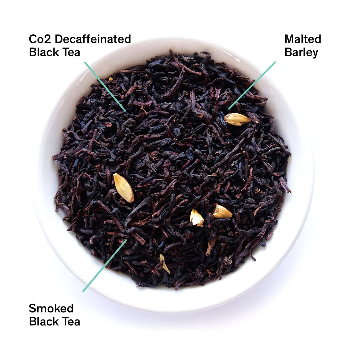 Da LBI Tea Decaf Low Country bourbon sugar black tea, loose leaves with ingredients labeled