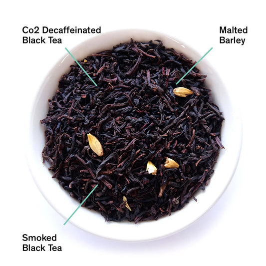 Da LBI Tea Decaf Low Country bourbon sugar black tea, loose leaves with ingredients labeled